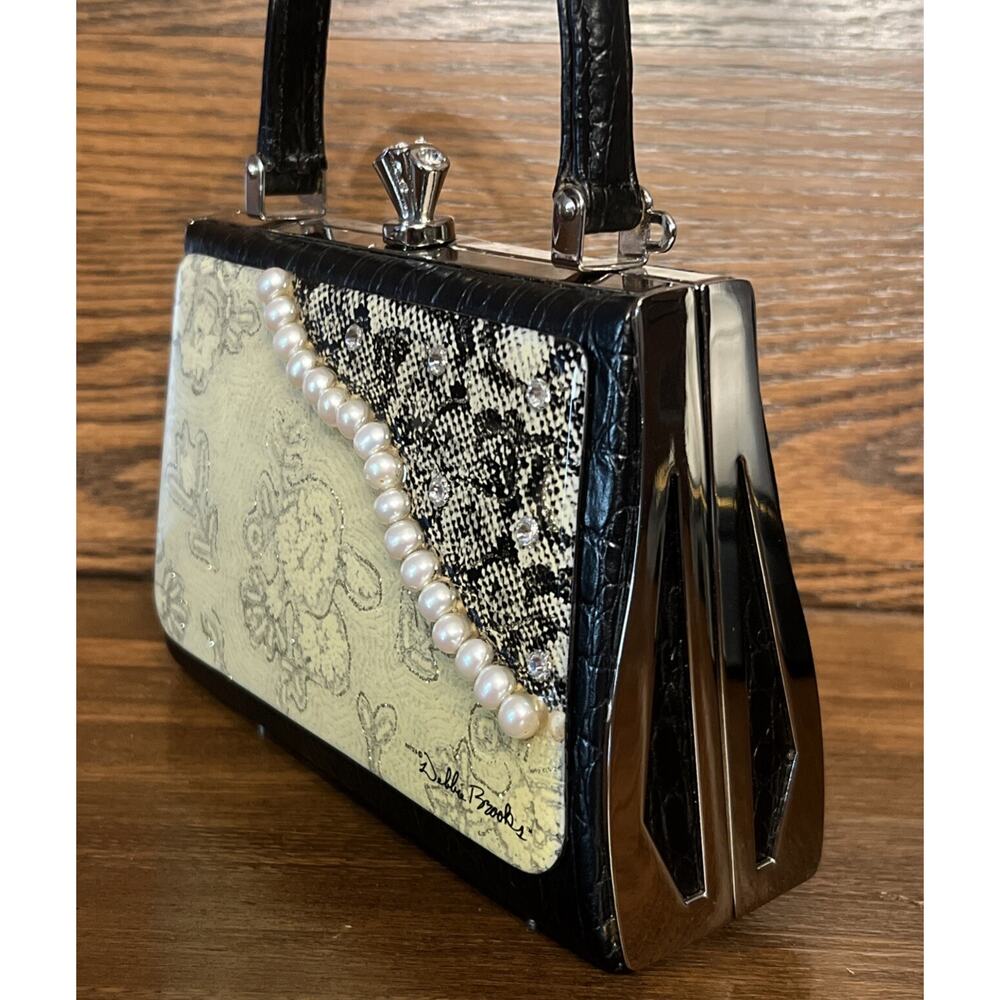 Debbie Brooks Black White Silver Mini Clutch Handbag Evening Bag Pearls - Picture 10 of 14